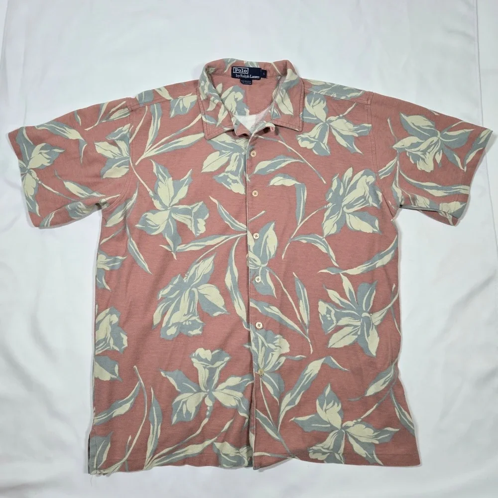 Vintage Polo Ralph Lauren Mens L Hawaiian Shirt USA Made Pink Floral Camp 90s